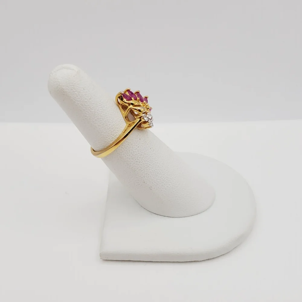 Genuine Marquise Pink Ruby - Simulated Diamonds - 18k Yellow Gold Plated Ring